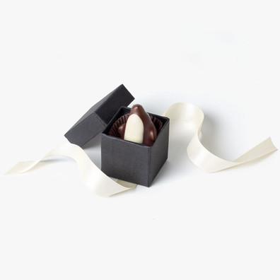 Chocolate Gift Box tied with ribbon. Handmade Chocolate Penquins have a whipped dark chocolate ganache with a hint of fresh lemon and are finished with toasted almond wings.